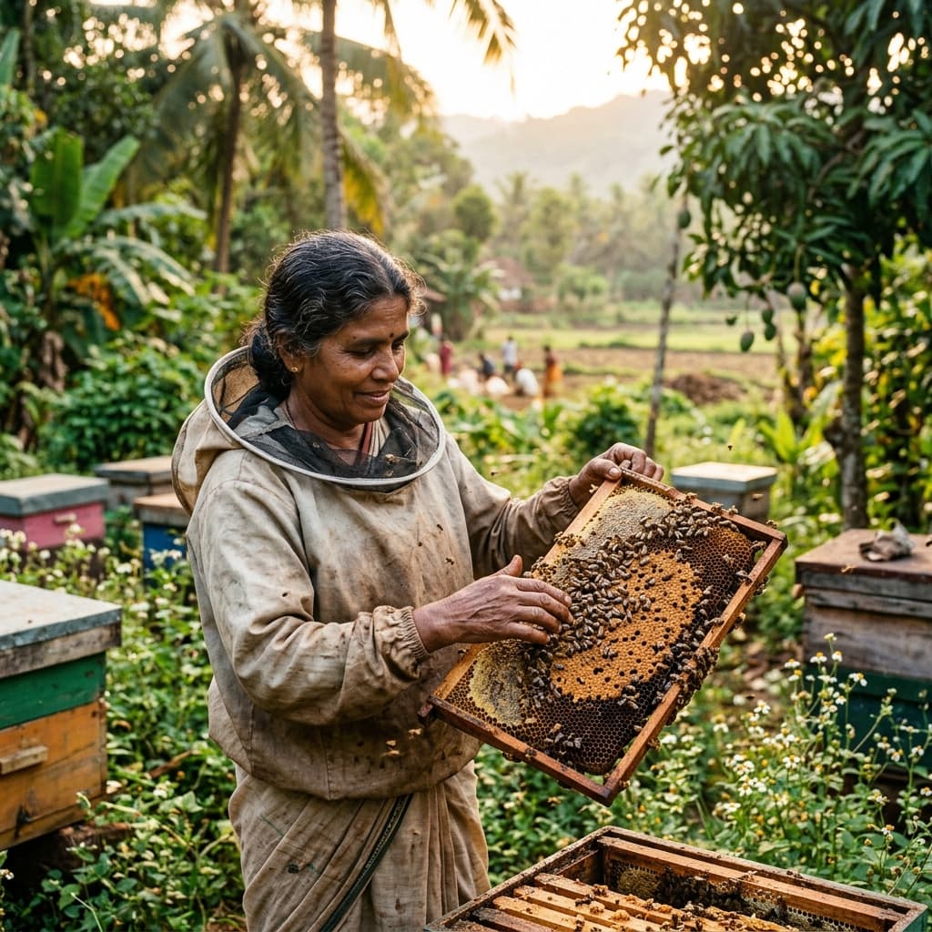 Indian beekeeper inspecting a hive frame